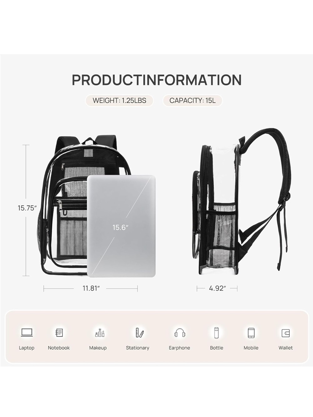 Clear Black PVC Backpack - Picture 2 of 6